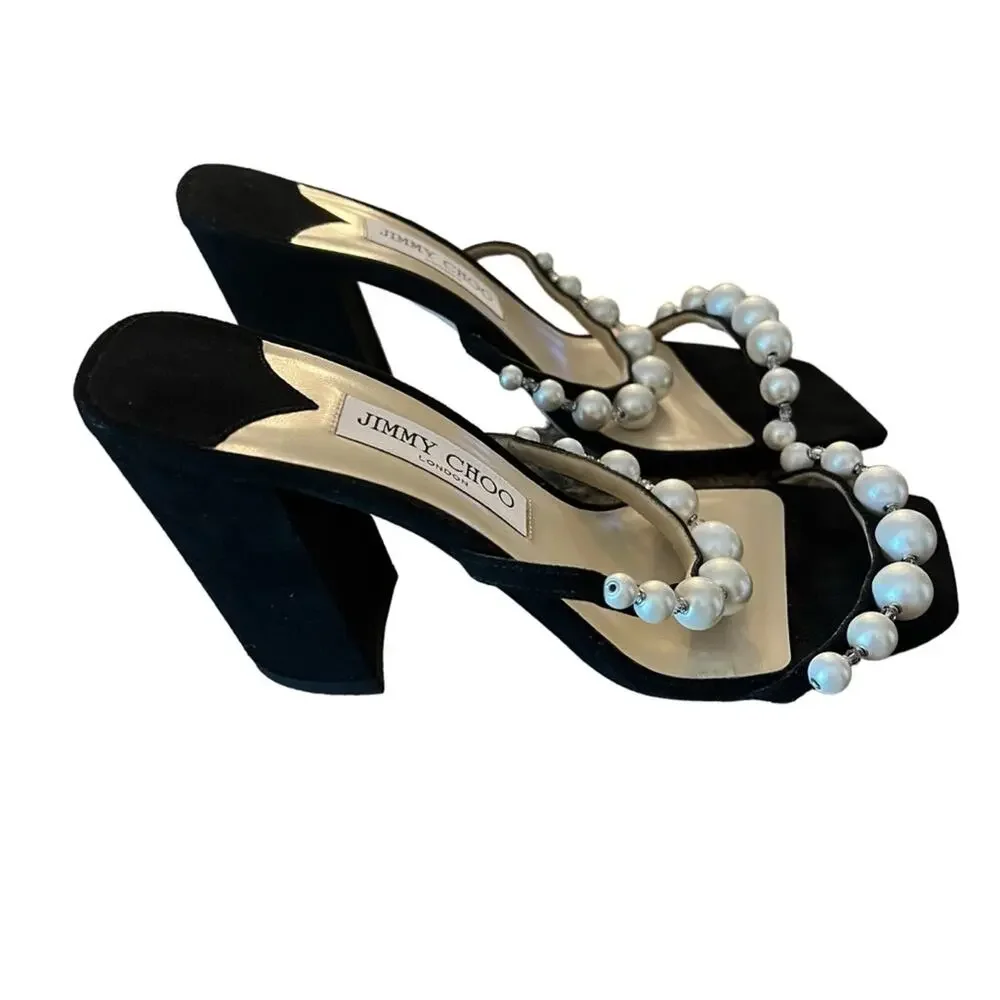 Jimmy Choo Amara 85mm Pearl Straps Suede Block Heels Mules NEW EU 35 US 5